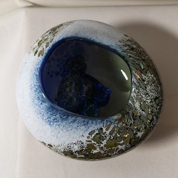 Unique Hand-blown & Artist Signed Art Glass Vessel "Bowl" Gold Blue White Lovely - Picture 5 of 10